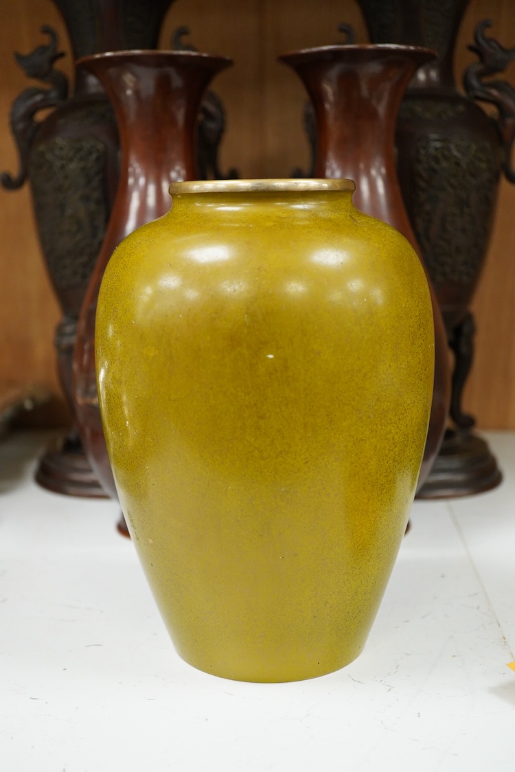 Two pairs of Japanese bronze vases, Meiji period and another, later example, largest 35cm high